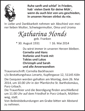 Anzeige von Katharina Honds von  Kölner Wochenspiegel 