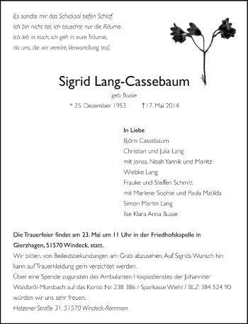 Anzeige von Sigrid Lang-Cassebaum von  Lokalanzeiger 