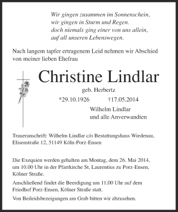 Anzeige von Christine Lindlar von  Kölner Wochenspiegel 