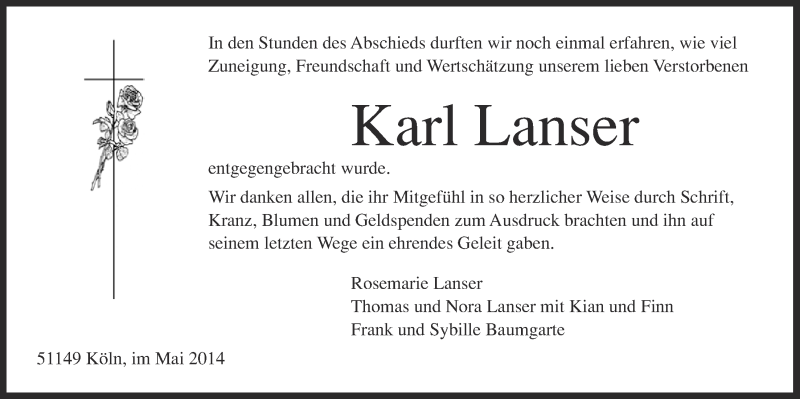  Traueranzeige für Karl Lanser vom 21.05.2014 aus  Kölner Wochenspiegel 