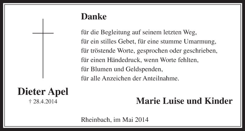  Traueranzeige für Dieter Apel vom 28.05.2014 aus  Schaufenster/Blickpunkt 