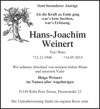 Anzeige von Hans-Joachim Weinert von  Kölner Wochenspiegel 