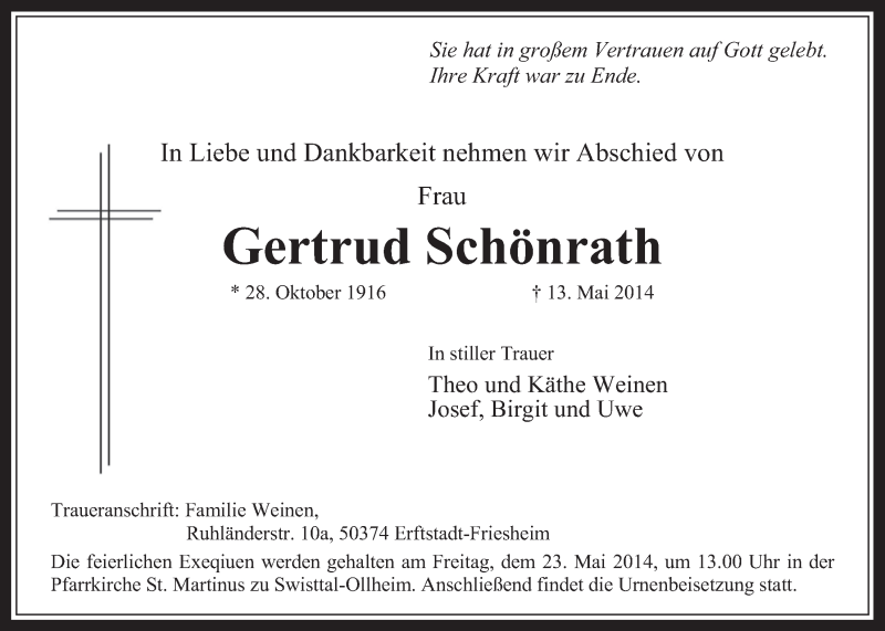  Traueranzeige für Gertrud Schönrath vom 21.05.2014 aus  Werbepost 