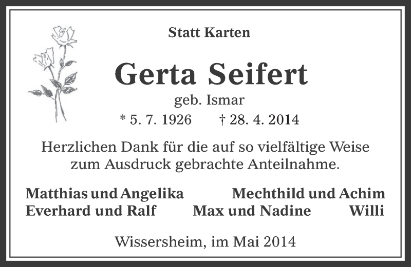  Traueranzeige für Gerta Seifert vom 21.05.2014 aus  Werbepost 