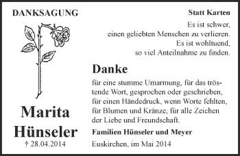 Anzeige von Marita Hünseler von  Blickpunkt Euskirchen 