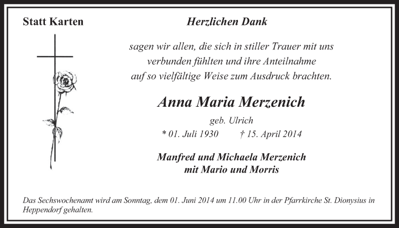  Traueranzeige für Anna Maria Merzenich vom 24.05.2014 aus  Sonntags-Post 