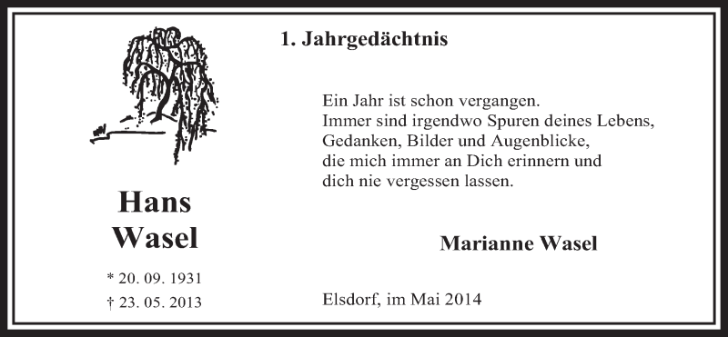  Traueranzeige für Hans Wasel vom 24.05.2014 aus  Sonntags-Post 