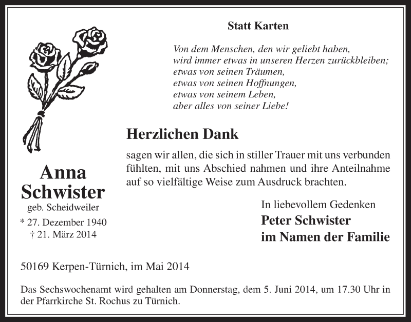  Traueranzeige für Anna Schwister vom 28.05.2014 aus  Werbepost 