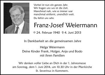 Anzeige von Franz-Josef Weiermann von  Blickpunkt Euskirchen 