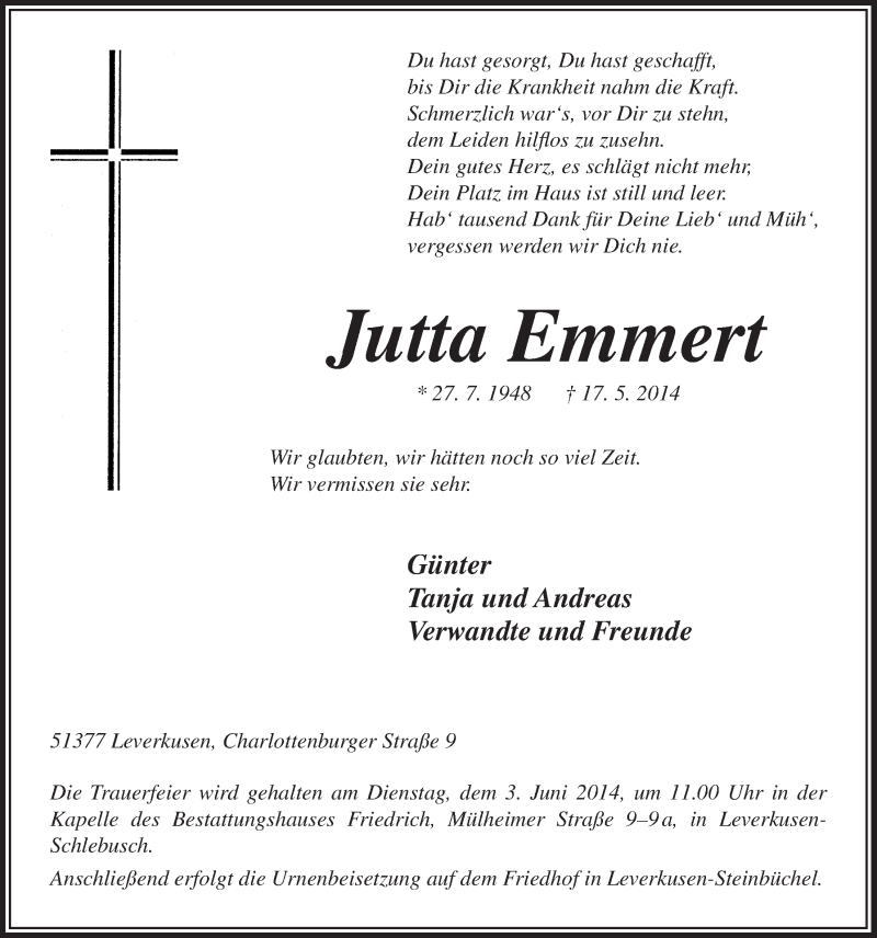  Traueranzeige für Jutta Emmert vom 28.05.2014 aus  Lokale Informationen 