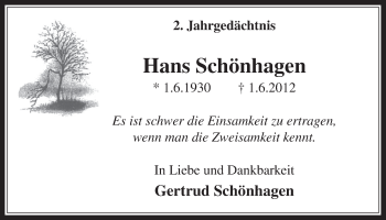 Anzeige von Hans Schönhagen von  Wochenende 