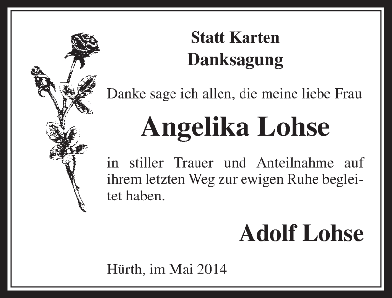  Traueranzeige für Angelika Lohse vom 24.05.2014 aus  Sonntags-Post 
