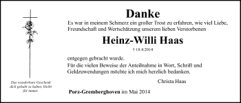 Anzeige von Heinz-Willi Haas von  Kölner Wochenspiegel 