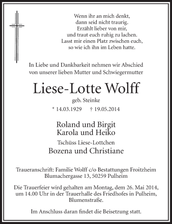 Anzeige von Liese-Lotte Wolff von  Sonntags-Post 