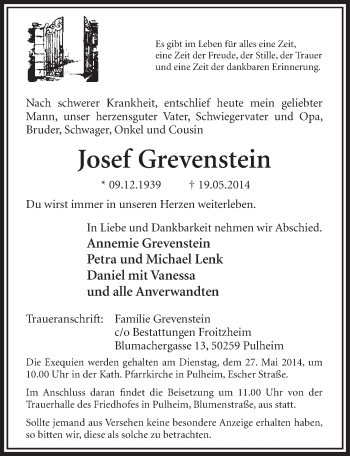 Anzeige von Josef grevenstein von  Sonntags-Post 