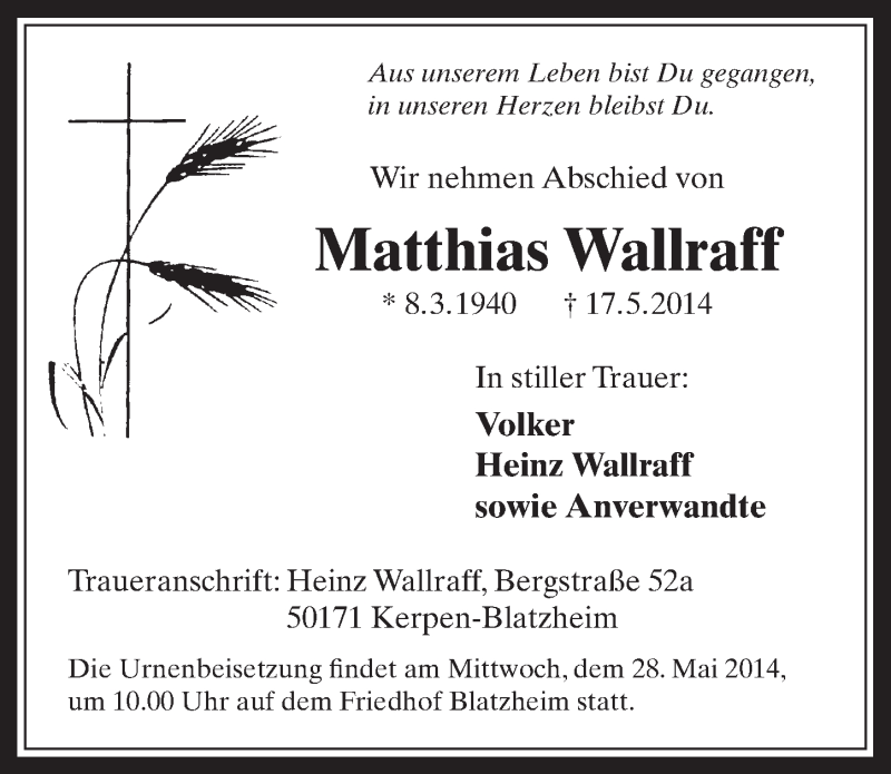  Traueranzeige für Matthias Wallraff vom 24.05.2014 aus  Sonntags-Post 