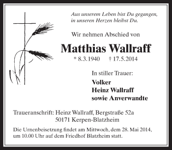 Anzeige von Matthias Wallraff von  Sonntags-Post 