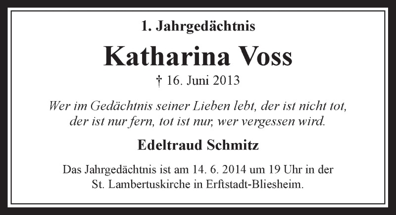  Traueranzeige für Katharina Voss vom 07.06.2014 aus  Sonntags-Post 