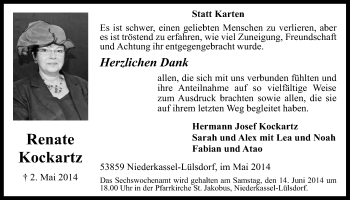 Anzeige von Renate Kockartz von  Kölner Wochenspiegel  Extra Blatt 