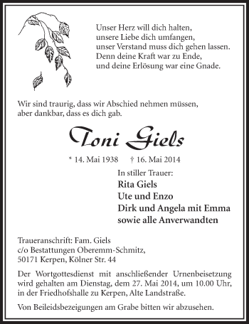 Anzeige von Toni Giels von  Sonntags-Post 