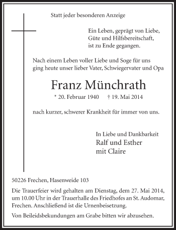 Anzeige von Franz Münchrath von  Sonntags-Post 