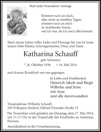 Anzeige von Katharina Schauff von  Sonntags-Post 