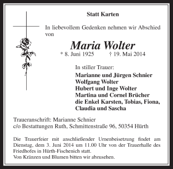 Anzeige von Maria Wolter von  Wochenende 