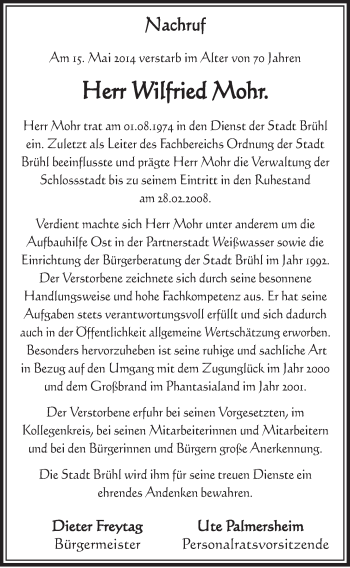 Anzeige von Wilfried Mohr von  Schlossbote/Werbekurier 