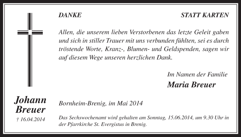  Traueranzeige für Johann Breuer vom 28.05.2014 aus  Schaufenster/Blickpunkt 