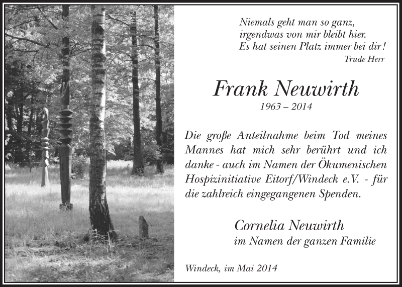  Traueranzeige für Frank Neuwirth vom 28.05.2014 aus  Lokalanzeiger 