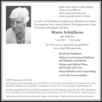 Anzeige von Maria Schülkens von  Schlossbote/Werbekurier 