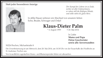 Anzeige von Klaus-Dieter Palm von  Sonntags-Post 