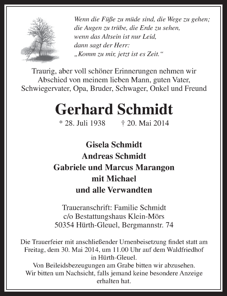  Traueranzeige für Gerhard Schmidt vom 28.05.2014 aus  Wochenende 