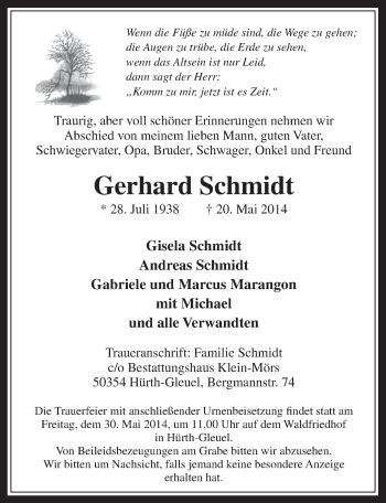 Anzeige von Gerhard Schmidt von  Wochenende 
