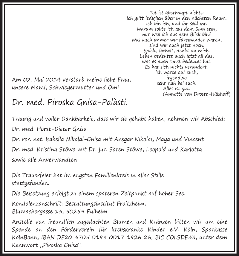  Traueranzeige für Piroska Gnisa-Palàsti vom 24.05.2014 aus  Sonntags-Post 