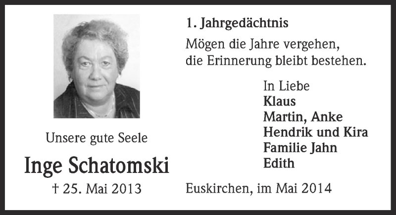  Traueranzeige für Inge Schatomski vom 25.05.2014 aus  Blickpunkt Euskirchen 