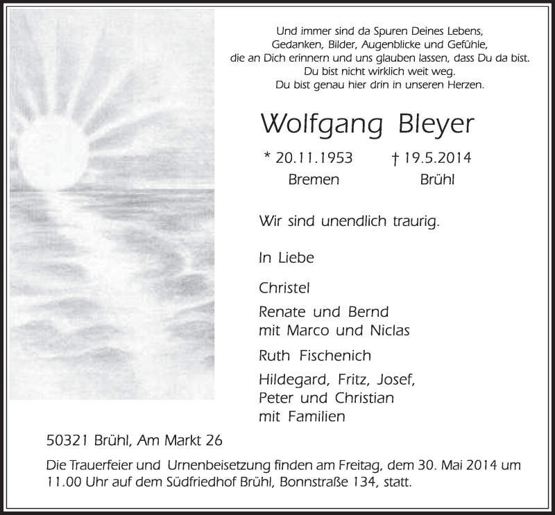  Traueranzeige für Wolfgang Bleyer vom 28.05.2014 aus  Schlossbote/Werbekurier 