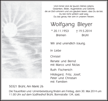 Anzeige von Wolfgang Bleyer von  Schlossbote/Werbekurier 