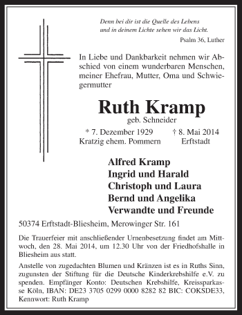 Anzeige von Ruth Kramp von  Sonntags-Post 