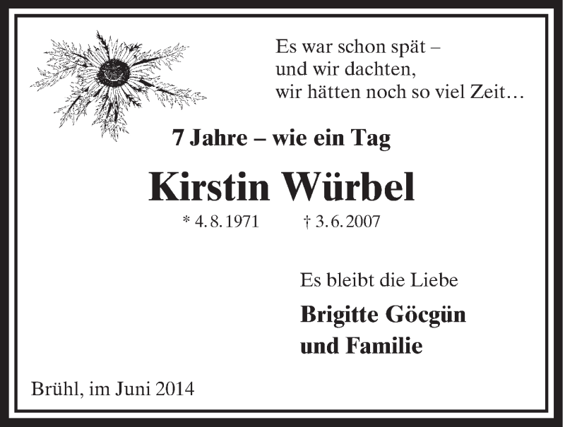  Traueranzeige für Kirstin Würbel vom 04.06.2014 aus  Schlossbote/Werbekurier 