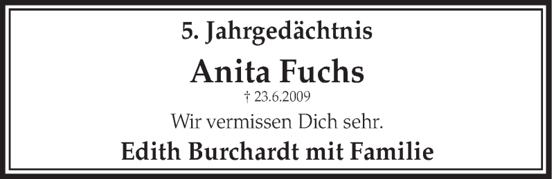  Traueranzeige für Anita Fuchs vom 18.06.2014 aus  Schlossbote/Werbekurier 