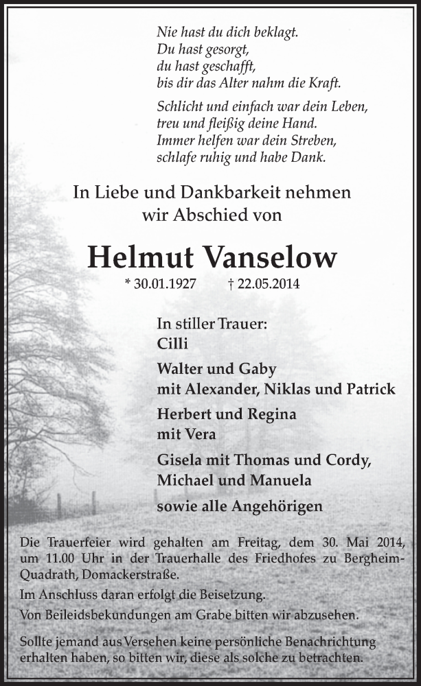  Traueranzeige für Helmut Vanselow vom 24.05.2014 aus  Sonntags-Post 