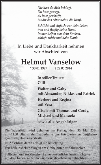 Anzeige von Helmut Vanselow von  Sonntags-Post 