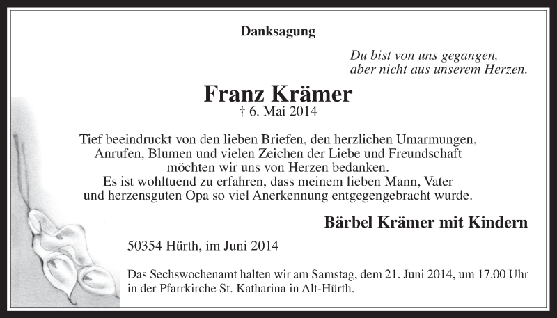  Traueranzeige für Franz Krämer vom 11.06.2014 aus  Wochenende 