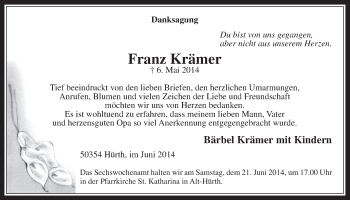 Anzeige von Franz Krämer von  Wochenende 