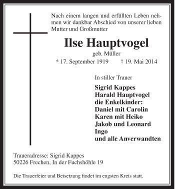 Anzeige von Ilse Hauptvogel von  Schlossbote/Werbekurier 