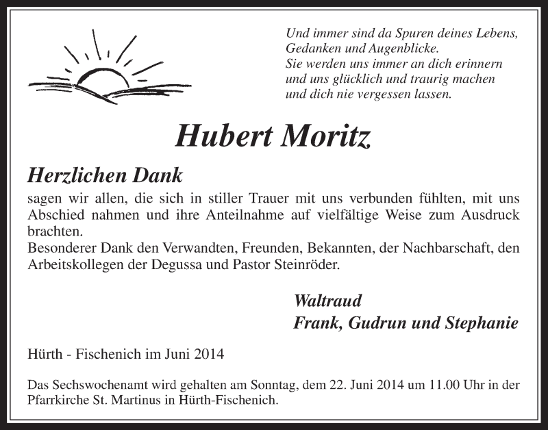  Traueranzeige für Hubert Moritz vom 18.06.2014 aus  Wochenende 