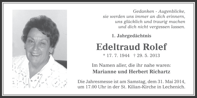  Traueranzeige für Edeltraud Rolef vom 28.05.2014 aus  Werbepost 