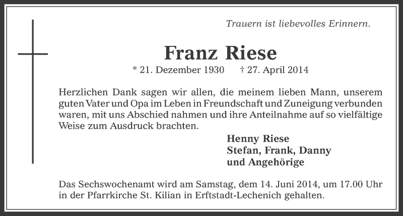  Traueranzeige für Franz Riese vom 04.06.2014 aus  Werbepost 