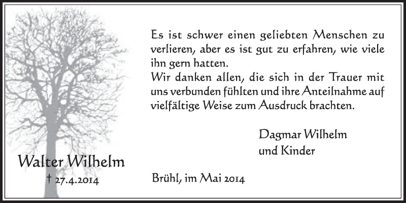  Traueranzeige für Walter Wilhelm vom 28.05.2014 aus  Schlossbote/Werbekurier 